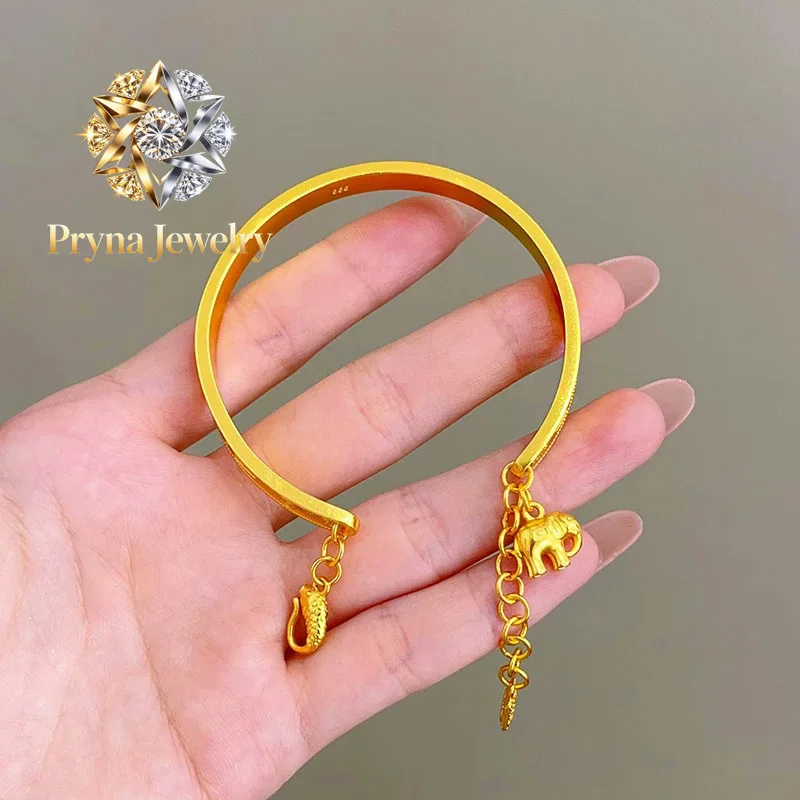 Pryna Jewelry  Light luxury 9999 24K real gold baby elephant bracelet with adjustable opening and high-end feeling Chinese style