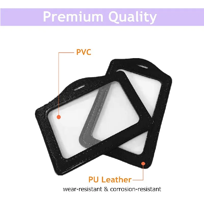 10 Pcs Black Badge Holders with 2 Pcs Lanyard Strap, PU Leather Vertical Horizontal Name Tag ID Card Holder with Clear Window