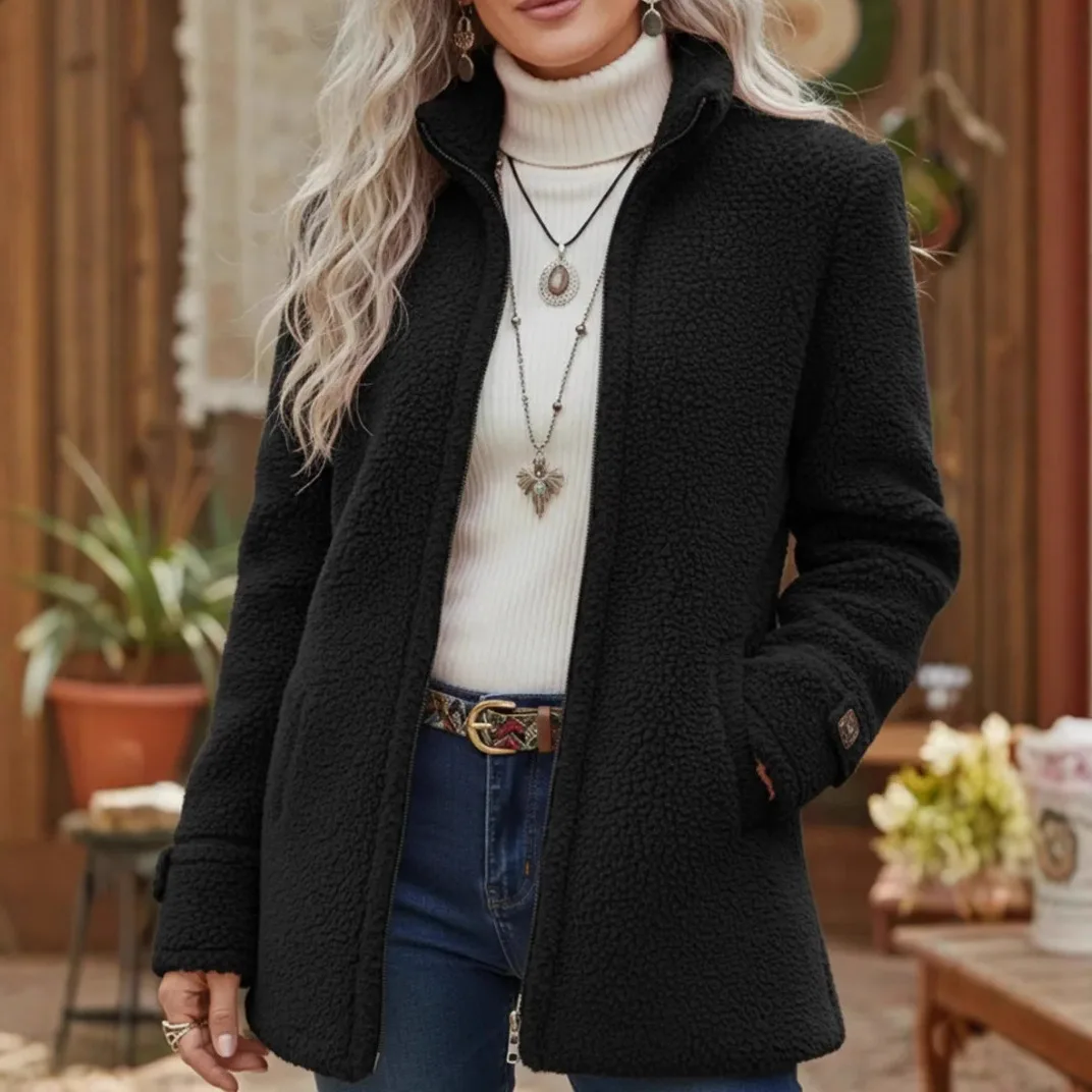 Women's Camel Fleece Jacket Stand Collar Zip Up Warm Winter Coat with Pockets