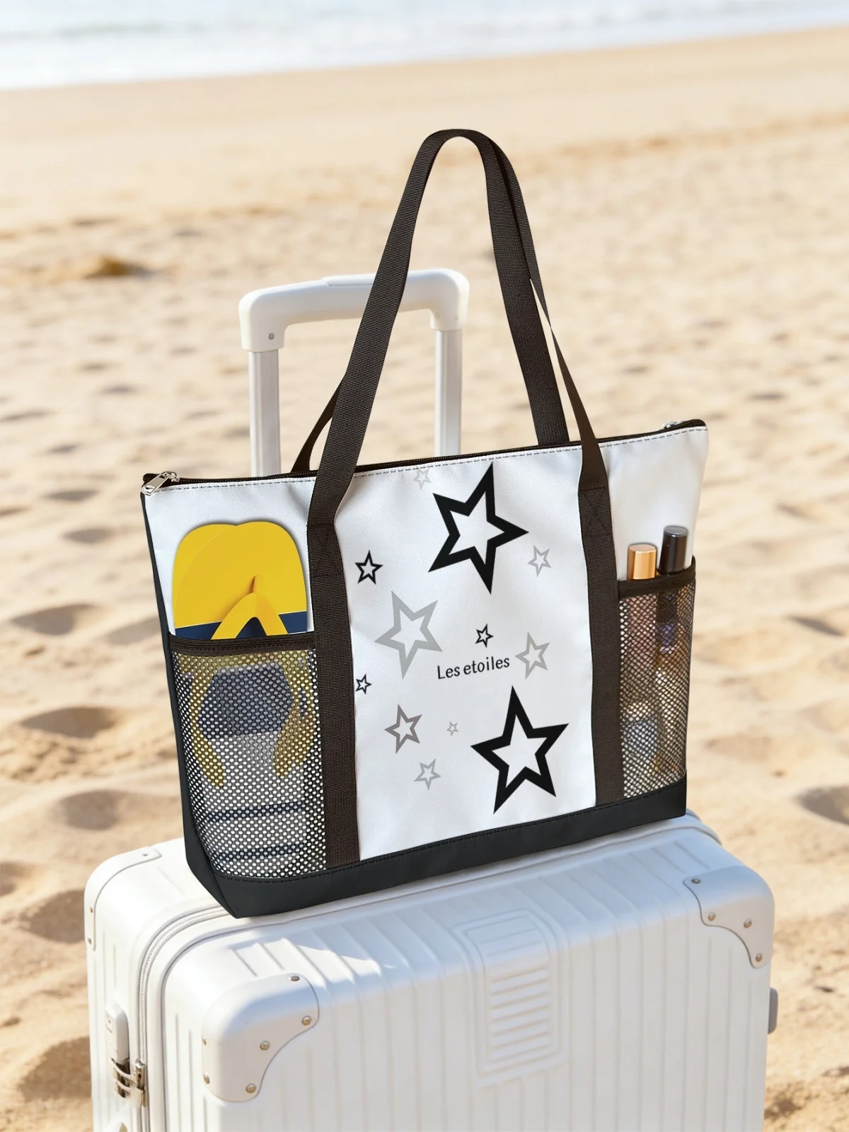 

Сумка с цветочным принтом, вместительная женская пляжная сумка, водонепроницаемая дорожная сумка через плечо с сетчатыми карманами.