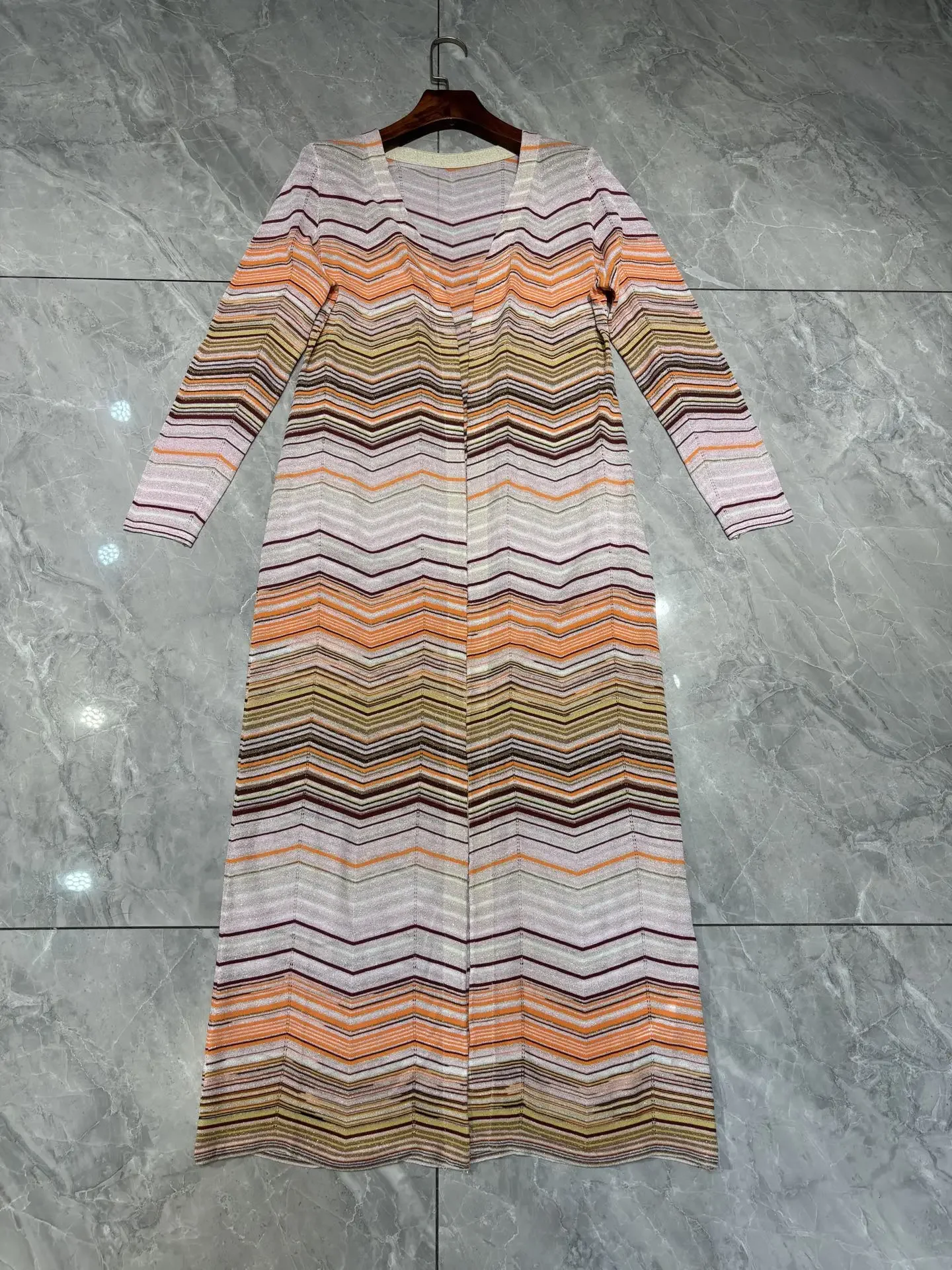 Autumn Women Striped Sequined Cardigan V-Neck Long Sleeve Fashion Slim Knitted Coat