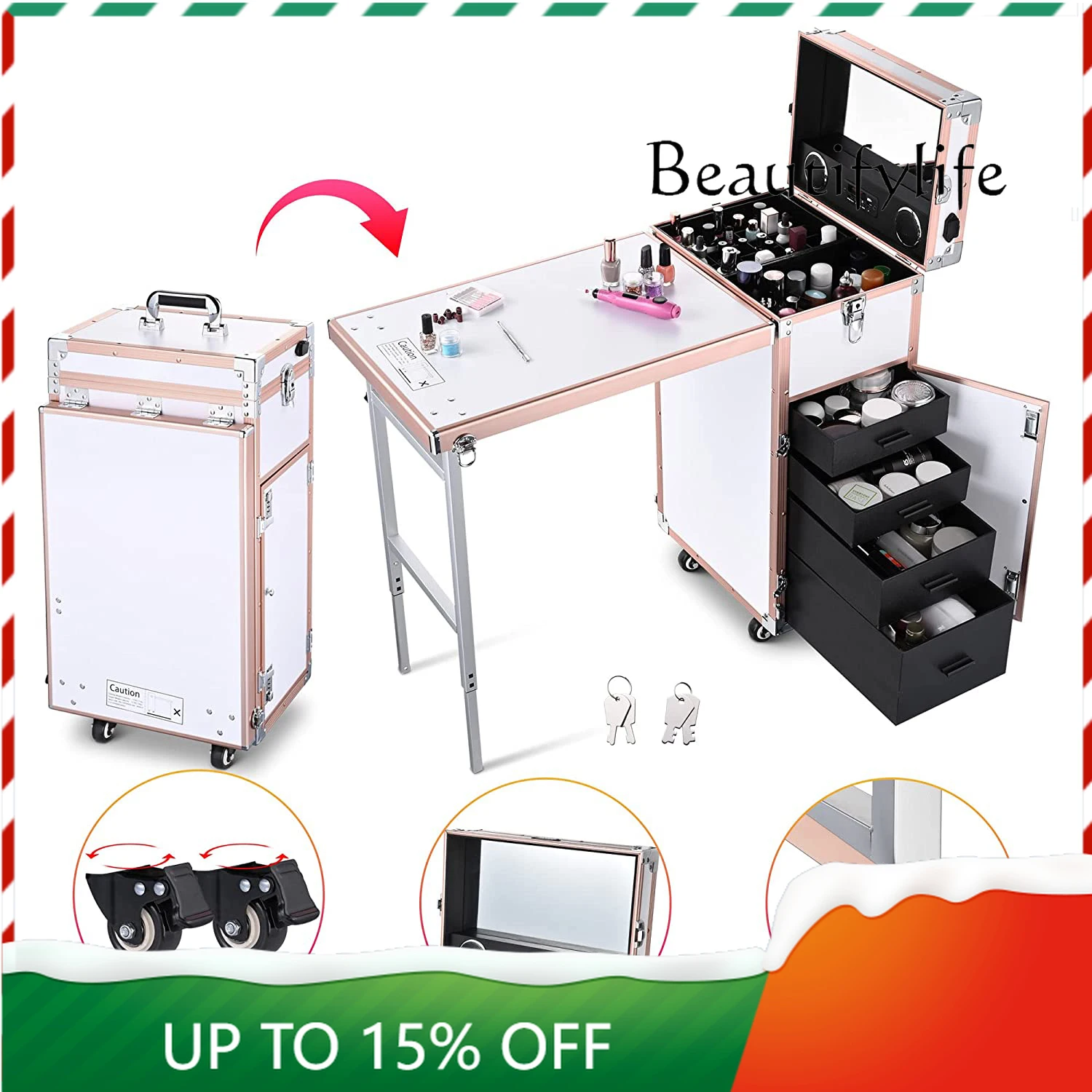 

O Маникюрный стол для ногтей на колесах с выдвижным ящиком, стол, белый профессиональный косметический органайзер, коробка с портативным
