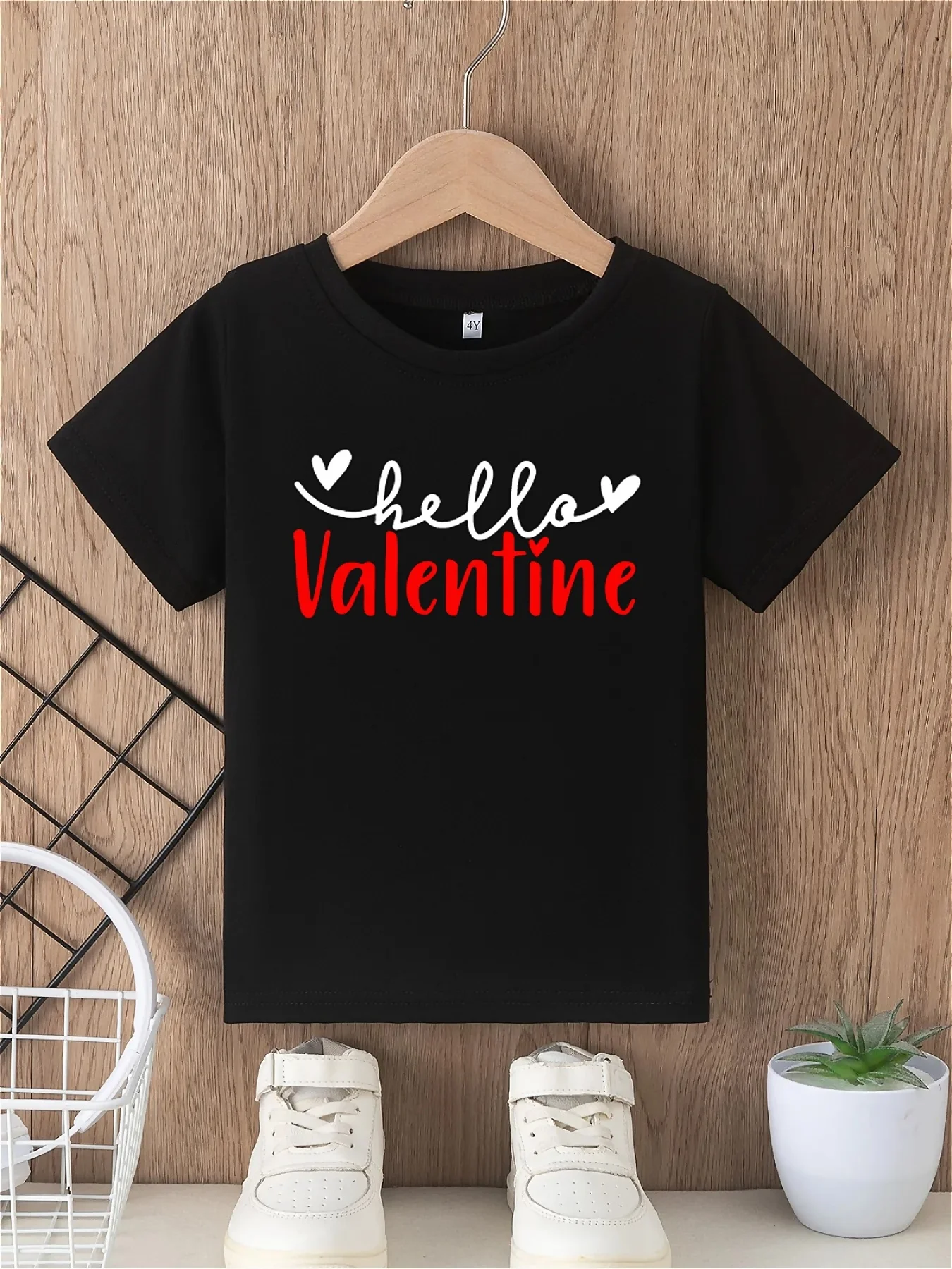 Valentine's Day Boys' T-shirt Hello Valentine Letter Printed Love Pattern Printed Versatile Loose Round Neck Short Sleeve Top