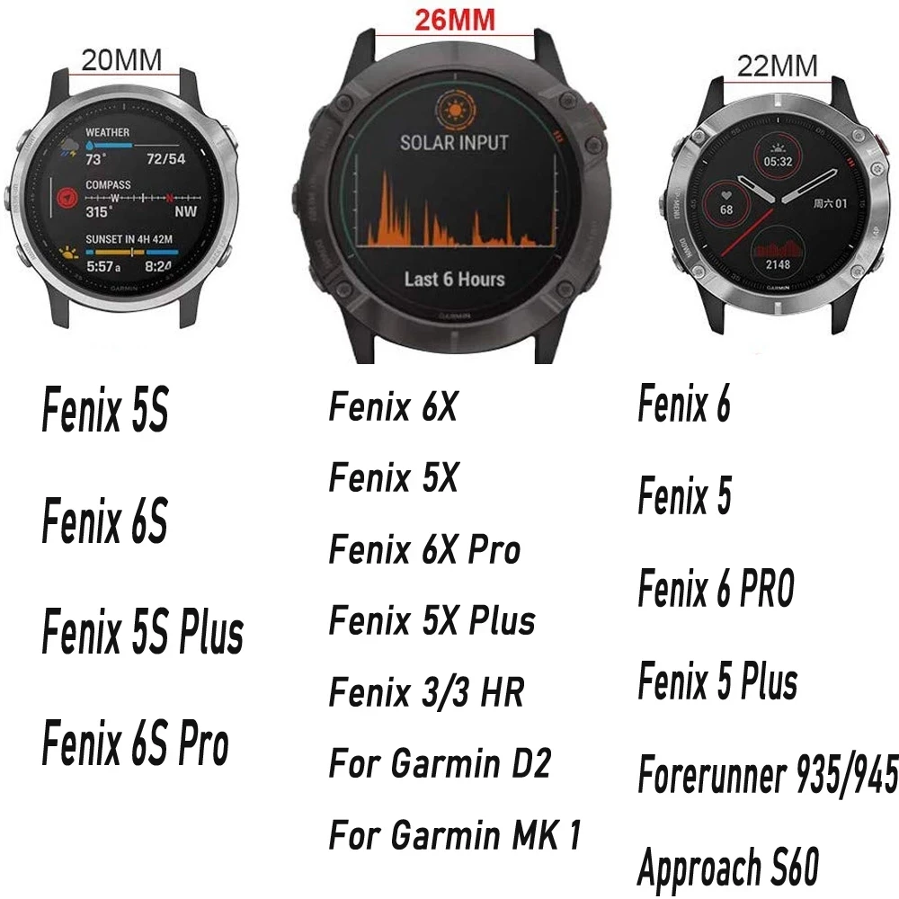 Garmin Fenix 6,6x pro,7,7x,5 plus,epix 3時間,20mm, 22mm, 26mm用の交換用クイックリリースストラップ