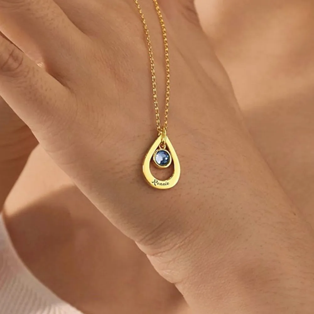 

Персонализированное ожерелье с именем капли, цепочка из нержавеющей стали, индивидуальный кулон с камнем, ожерелья, подарок на годовщину
