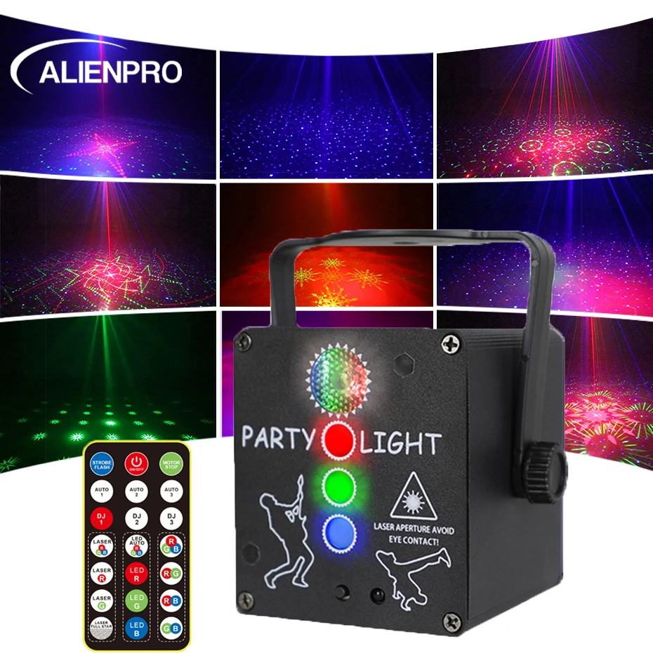 ALIEN USB Mini DJ Disco RGB 60 Patterns Laser Light Projector Rechargeable LED Stage Lighting Effect Party Holiday Wedding Lamp