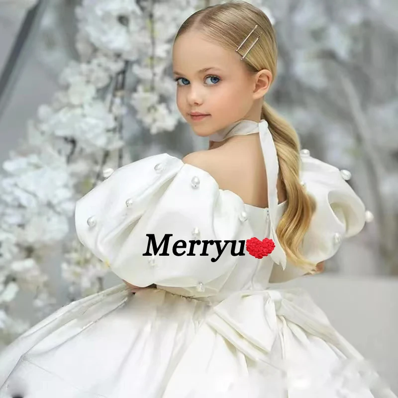 New White Flower Girl Dress Princess Wedding Party Gown  Elegant Formal  Satin Pearls  Kids First Communion Dress