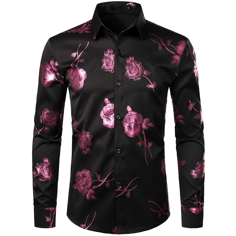 Mens Nightclub Golden Shirts 3D Rose Flower Printed Slim Fit Button Down Party Dress Shirt Casual Long Sleeve Plus Size T Shirt