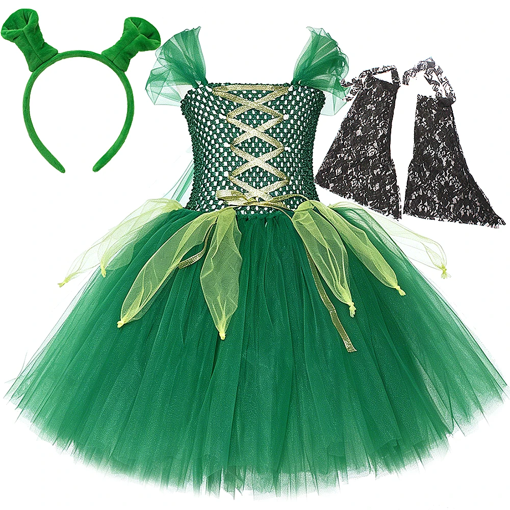 Girls Green Fiona Princess Dresses with Monster Ears Bow Forest Fairy Costumes Kids Halloween Carnival Disguise Tutus Outfits