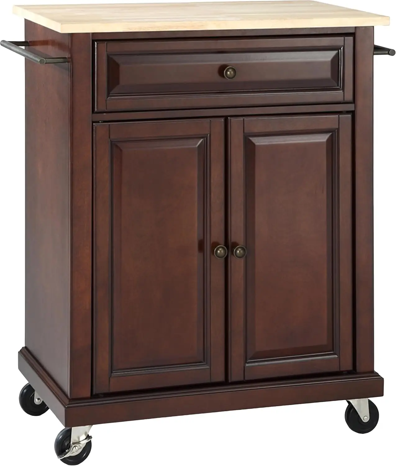 Compact Wood Top Small Rolling Cart with Shelves, Microwave Stand with Towel Rack, Mahogany