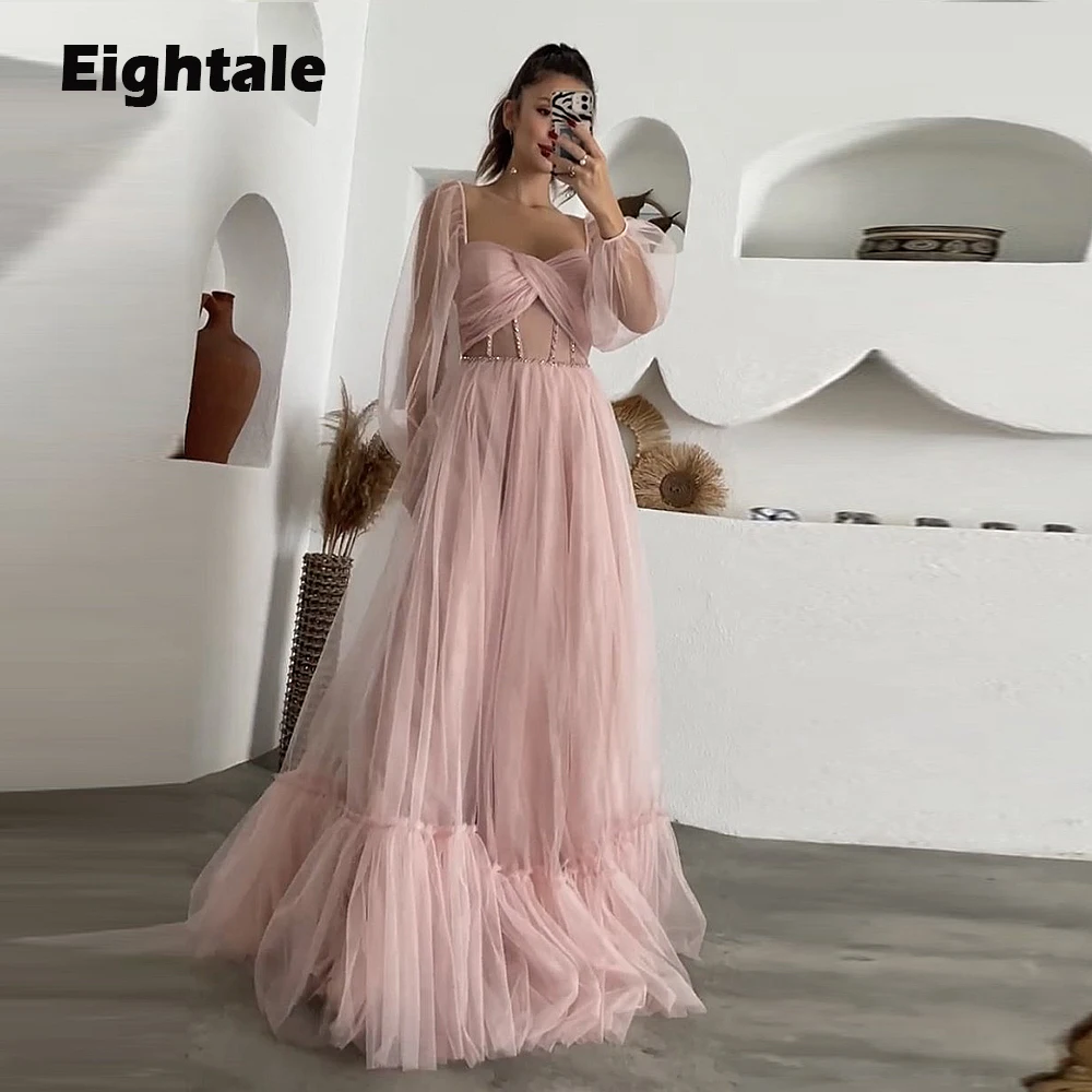 

Eightale Arabic Evening Dresses Pink Sweetheart A-Line Prom Gown with Long SleevesTulle Ruffled Formal Wedding Party Dress