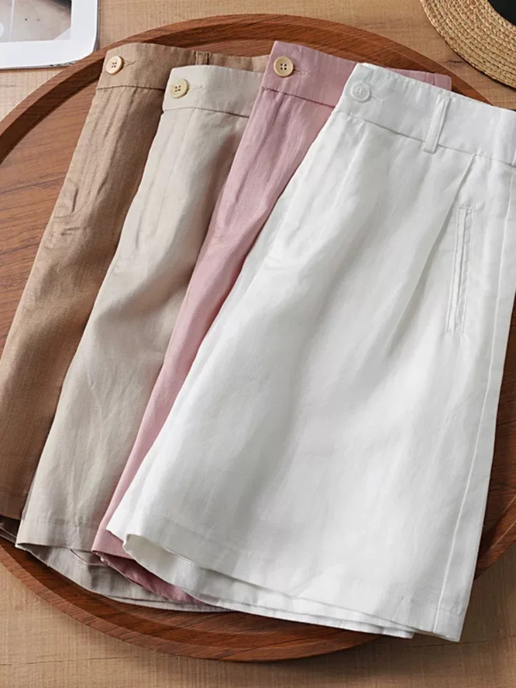 Damski lniany komplet casualowy, wysoki stan, wyszczuplający, luźny krój, letnie, cienkie lniano-bawełniane spodnie z szerokimi nogawkami, prosty krój, długość do połowy uda.