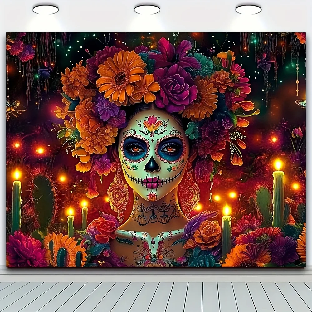 Bohemian Day of the Dead Tapestry Sugar Skull Calavera Boho Floral Skeleton Wall Decor Polyester Art for FestivalParty Halloween
