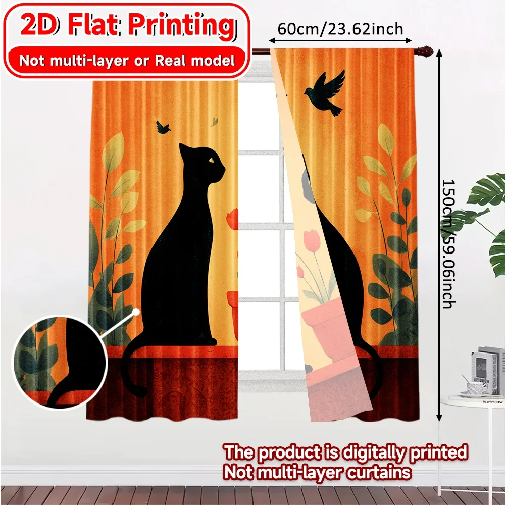 2D FLAT PRINTING 2pcs Curtains (Without Rod) Cat and Birds Window Scene New yearFestival Popular Curtains&Drapes Durable