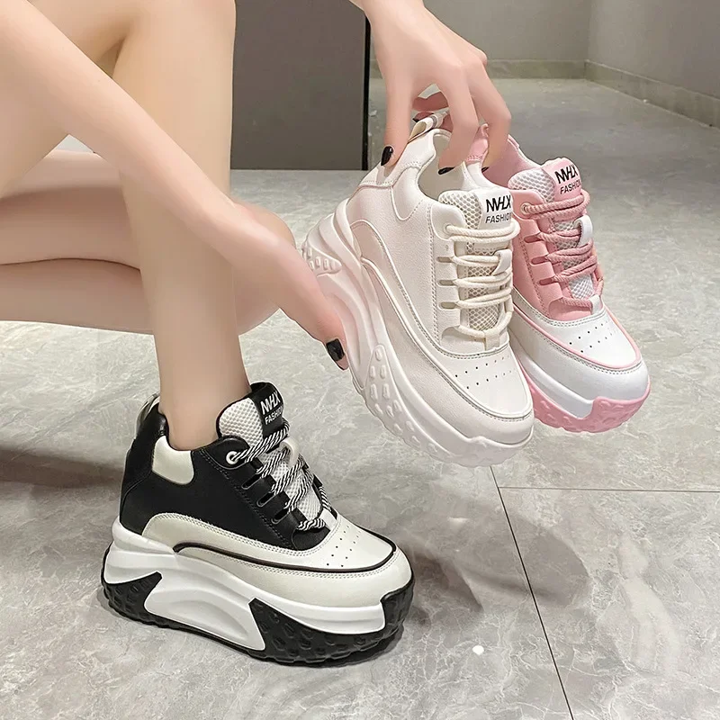 Women Platform Breathable Leather Shoes New Autumn Chunky Sneakers 10CM Wedge Hidden Heels Leisure Sports Casual Dad Shoes Woman image 3
