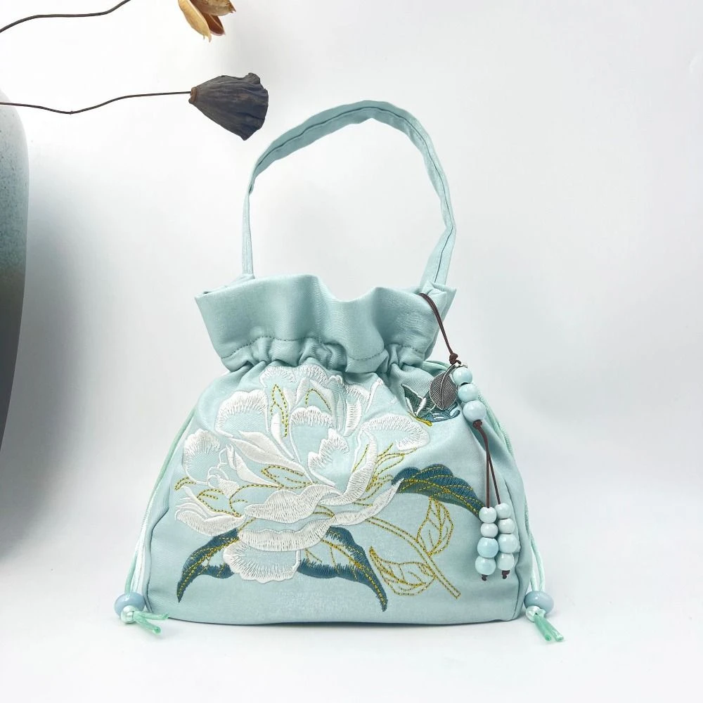 

Ethnic Style Embroidery Drawstring Bag Silk Satin Flower Bucket Bag Chinese Style Handbag Ancient Style Shoulder Bag
