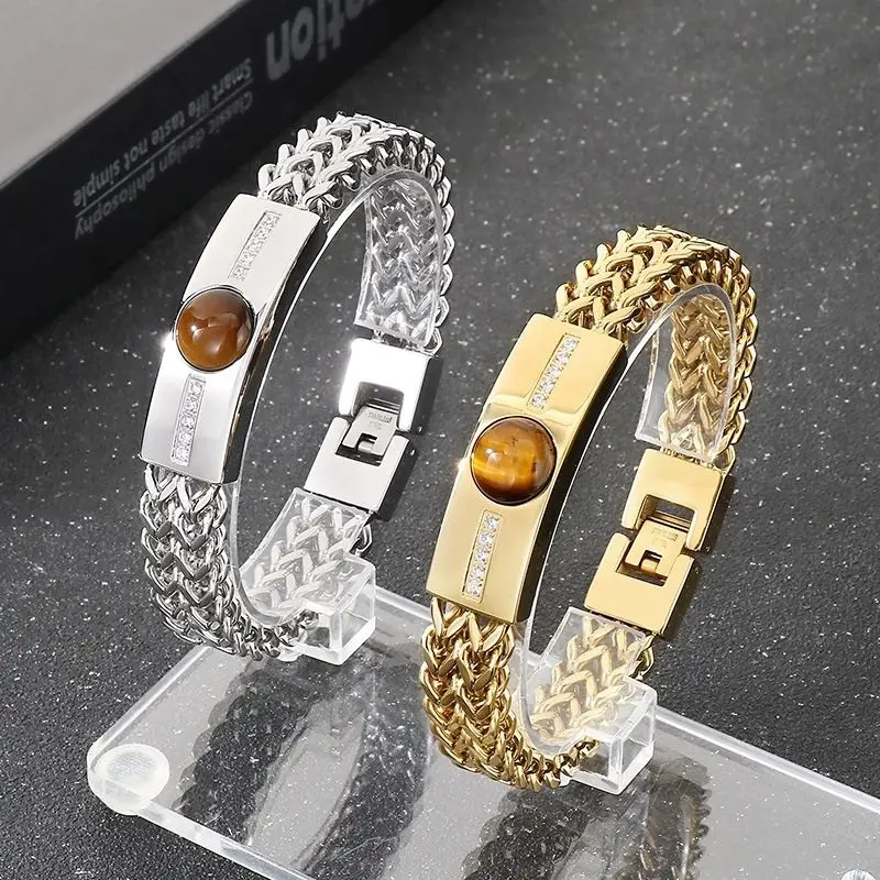 Men's Titanium Steel Bracelet - Curved Plate with Tiger Eye  CZ Reversible Dual-Link Splicing Hip Hop  Business European Jewelry
