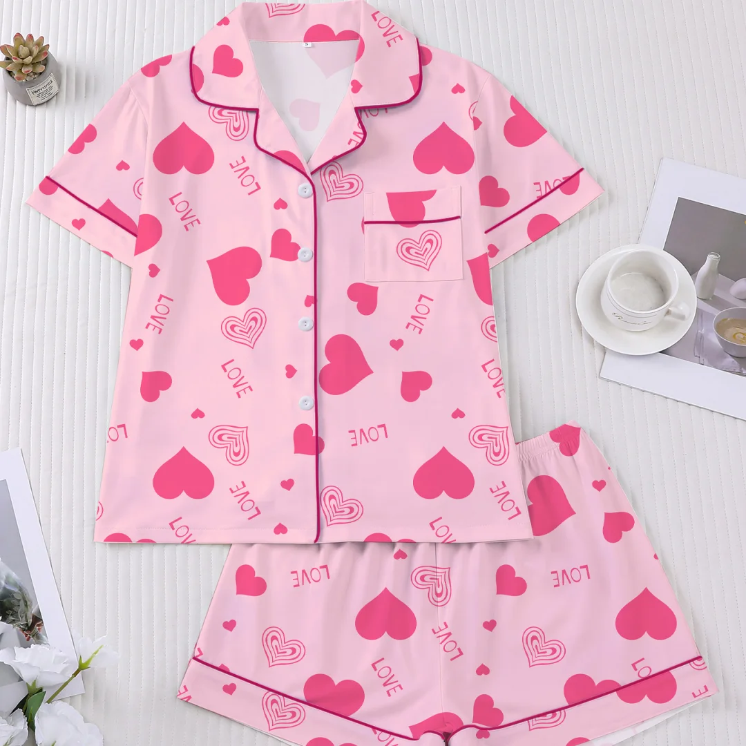 

Pink Heart Love Print Pajamas Set Lapel Short Sleeves and Shorts Loungewear Home Wear Clothes Set for Women Valentine's Day Gift