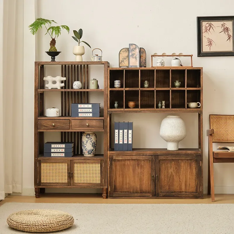 New Chinese Style Solid Wood Bogu Rack Partition Tea Cabinet Shelf Duobao Pavilion Display Cabinet for Living Room Walnut