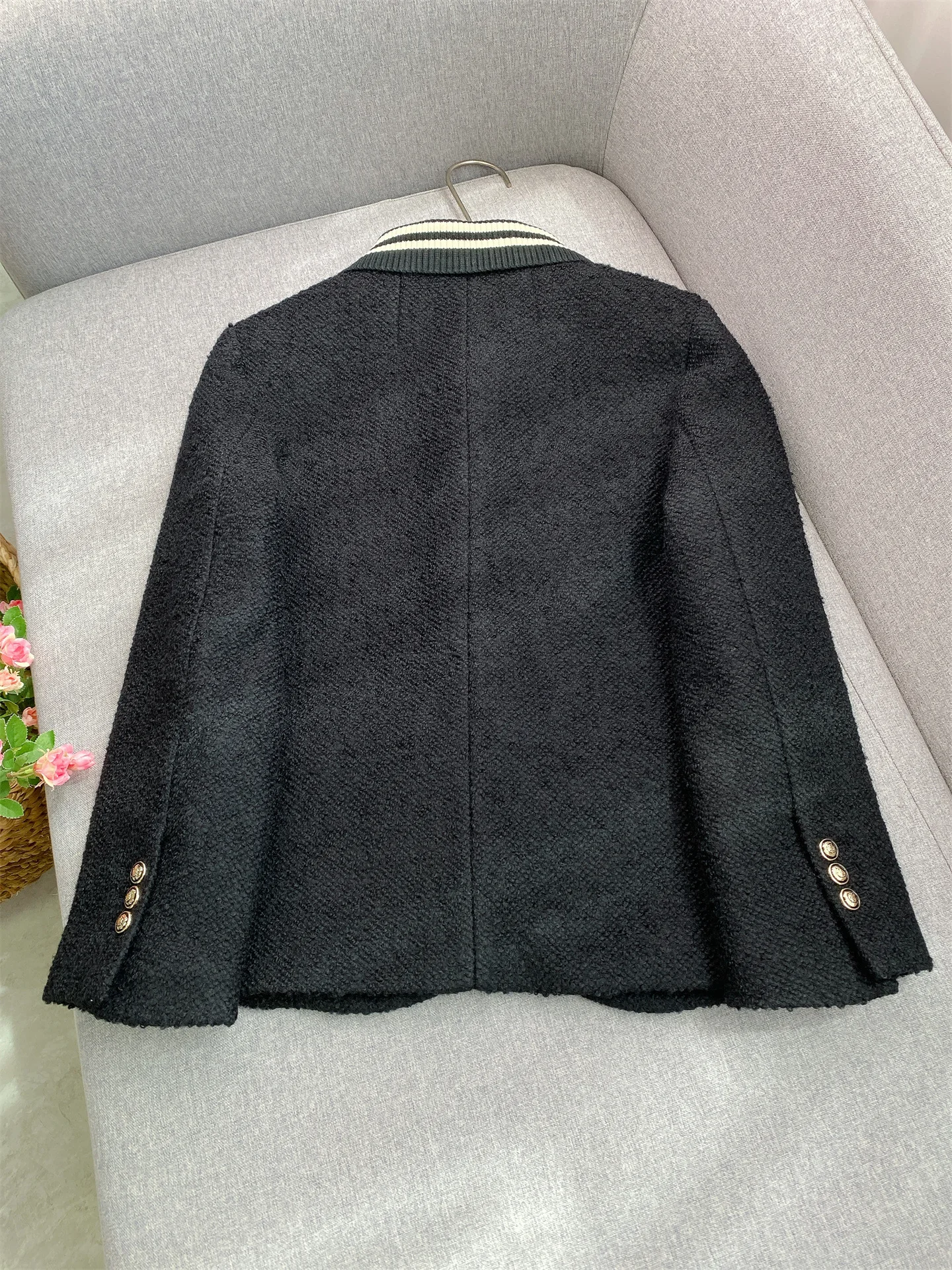 

2025 Autumn and Winter Women's College Style Coat Tweed Black Single-Breasted Elegant Top