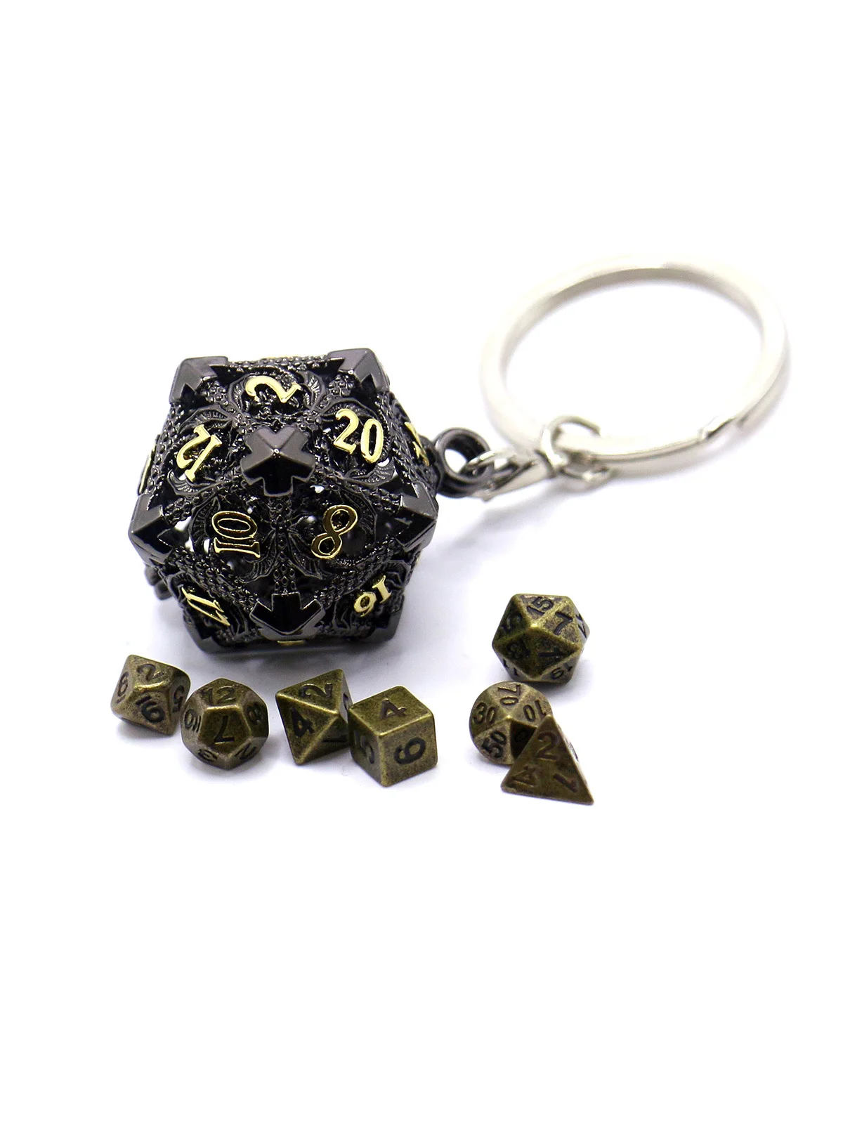 D20 Metall-Hohlbox + 7-teiliges Metallwürfel-Set, tragbares Brettspiel-Würfel-Mini-Set, Würfelanhänger im Dunkelheits-Blutflecken-Stil – Detail 1