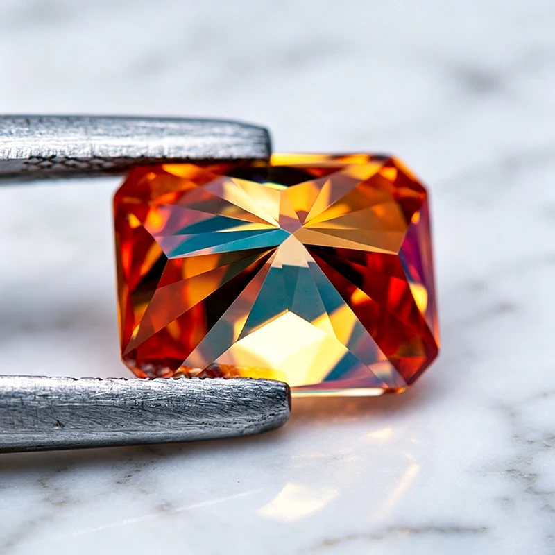 Moissanit-Stein im Radiant-Schliff, orange Farbe, im Labor gezüchteter Edelstein für DIY-Anhänger und Schmuckherstellung, besteht den Diamanttester mit Zertifikat. – Detail 6