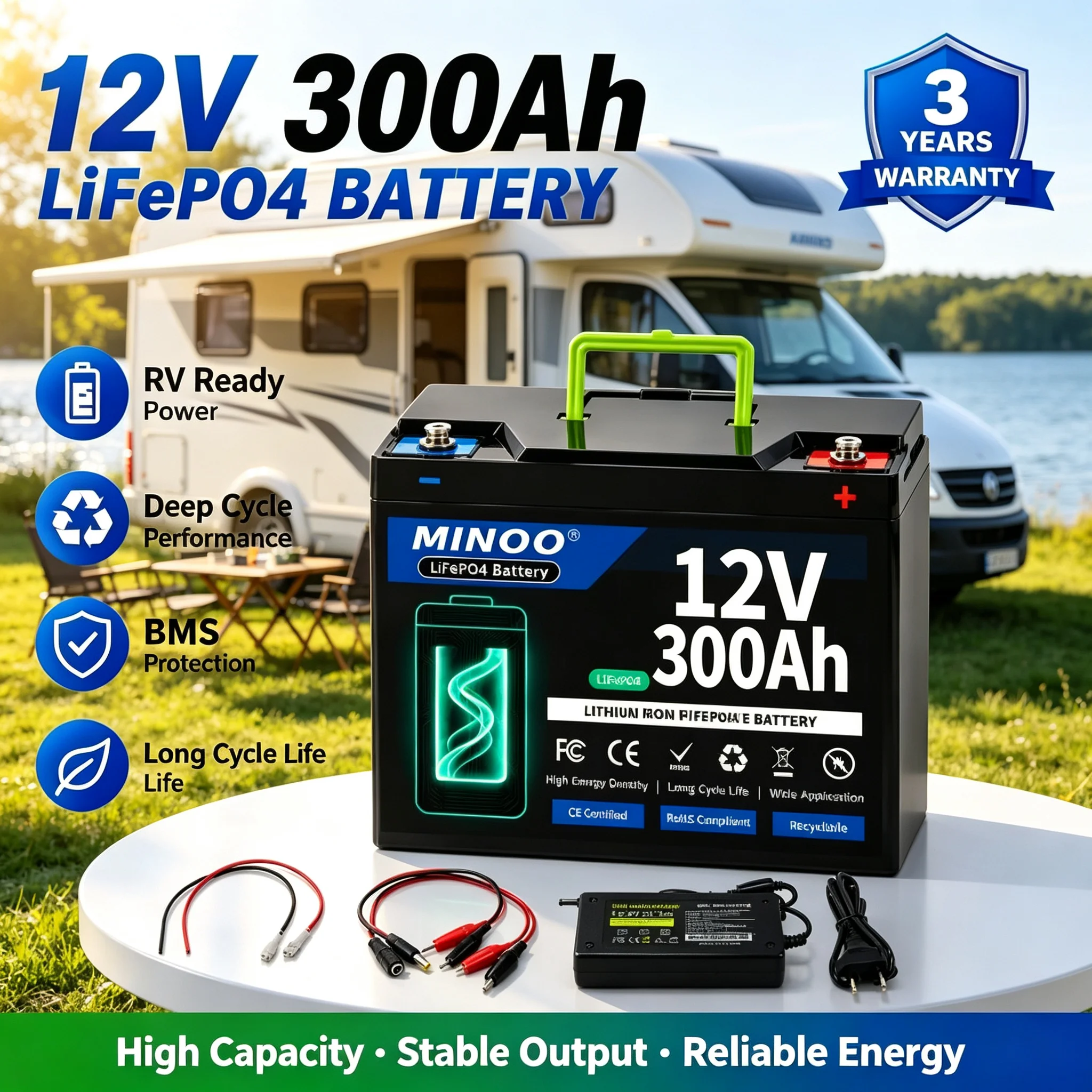 12V 300Ah 200Ah Lithium LiFePO4 Battery Built-in 300A BMS High Capacity Deep Cycle Battery for RV Solar Marine Backup Power