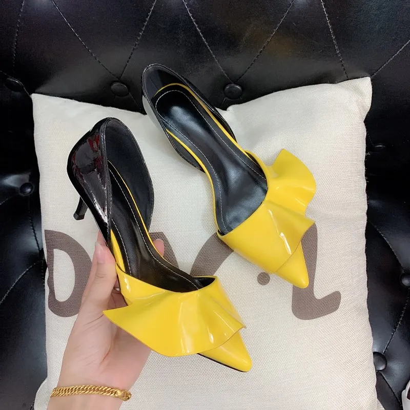 2024 New Patent Leather Ruffled Stiletto Heel Pumps Pointed Toe Shallow Mixed Color Slip On Summer Sandals 5Cm High Heels