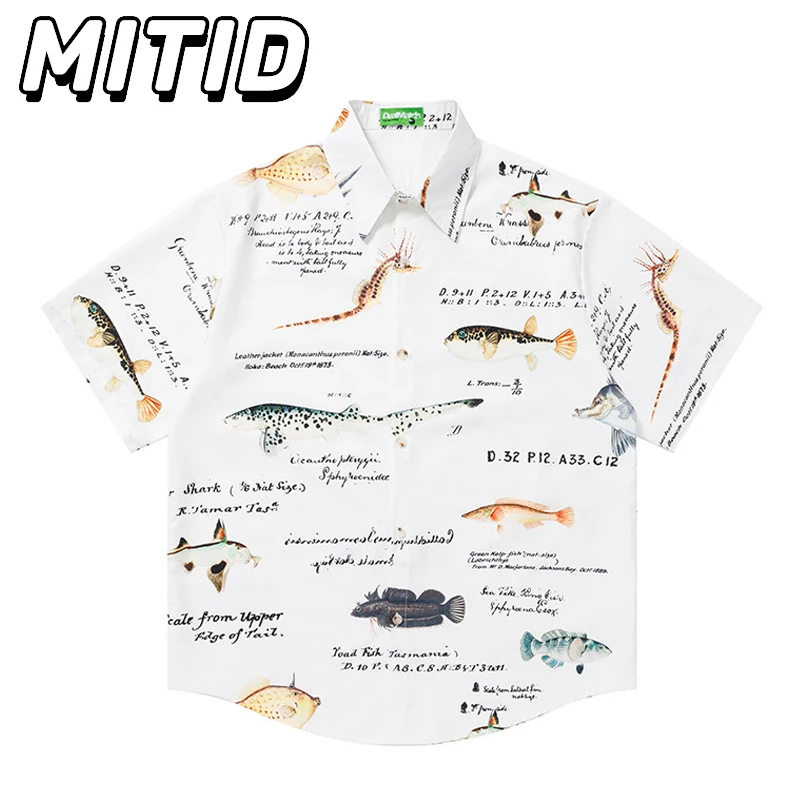 

Japanese Fashion Summer Shirt Men Cartoon Fish Printed Short Sleeve Men Shirts Oversized Shirts Blouses Hip Hop Streetwear