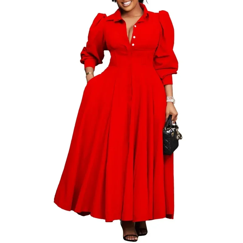 

Customized Elegant African Dresses for Women Spring Summer Africa Long Sleeve V-neck Polyester Party Evening Long Maxi Dress Ank