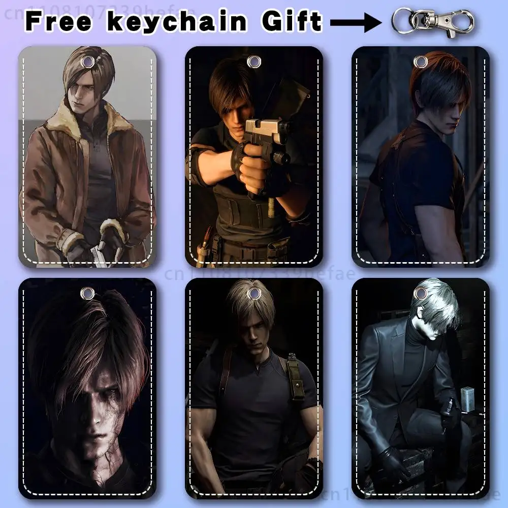 L-Leon Scott Kennedy Rectangle Card Case Keychain Access Card Bag Key Tag Ring Leather Card Holder Key Ring Access