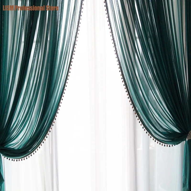 High-grade Curtains for Living dining room bedroom dark green American yarn anti-hook luster anti-cat claw balcony outdoor tulle