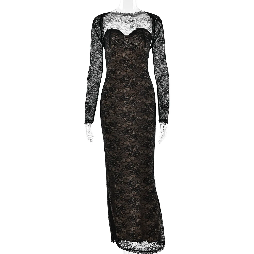Women's Black Lace Strapless Mermaid Dress With Long Sleeve Shrug Elegant Slit Evening Party Dresses Autumn Red Female Clothing