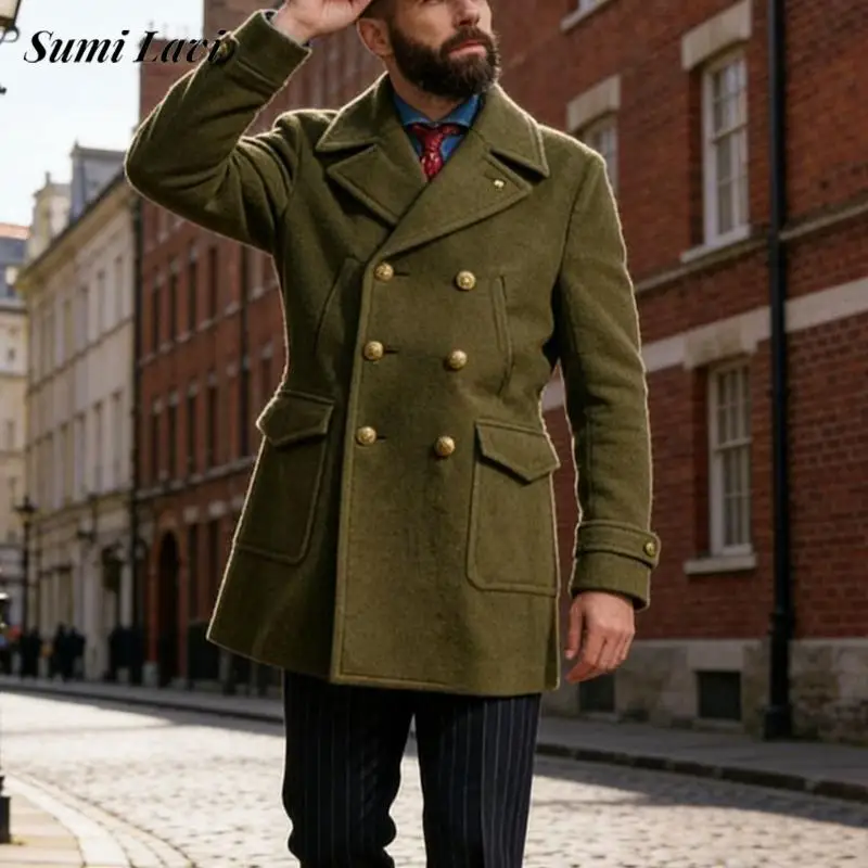 

Vintage Solid Color Double-breasted Pea Jacket Mens Fall Winter Casual Woolen Coats Men Fashion Turn-down Collar Mid Overcoats