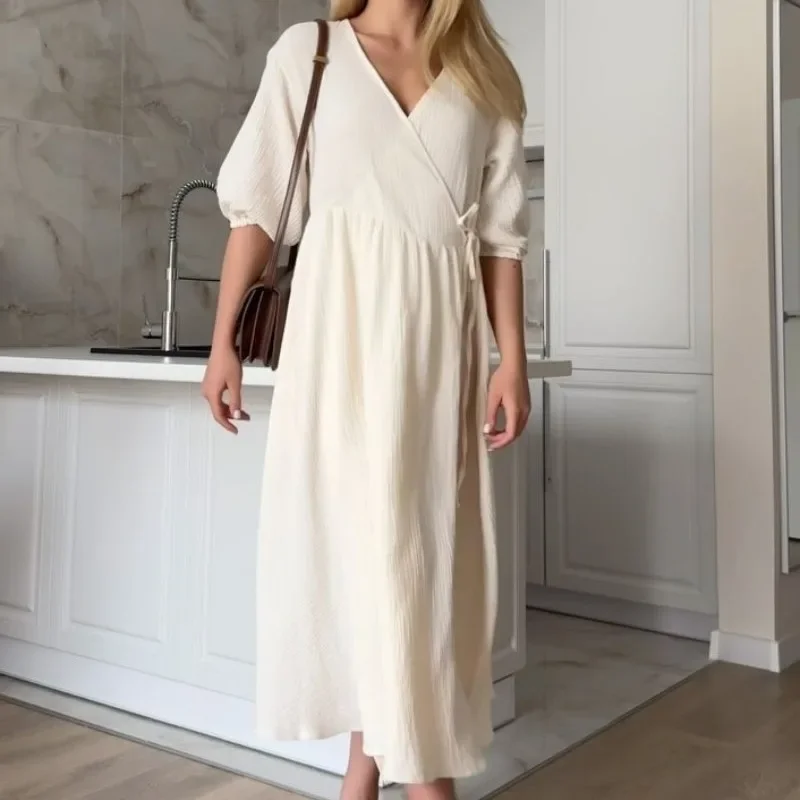 Dolce abito lungo da donna abiti con lacci scollo a V manica a sbuffo solido vita alta femminile una linea ufficio signora estate 2025 maxi abito