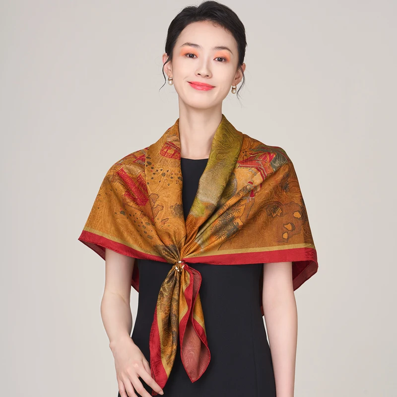 

Scarf Women's Multi-Functional Retro Golden Mulberry Silk Dark Large Kerchief Casual Fashion Shawl Gift Box Spring and Autumn1Pc