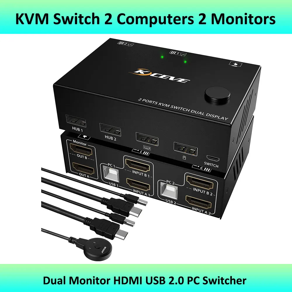 Switch KVM com Monitor Duplo, 2 Computadores, 2 Monitores, HDMI, USB 2.0, PC Switcher para 2 Coputers, Compartilhar Teclado Mouse e Monitor