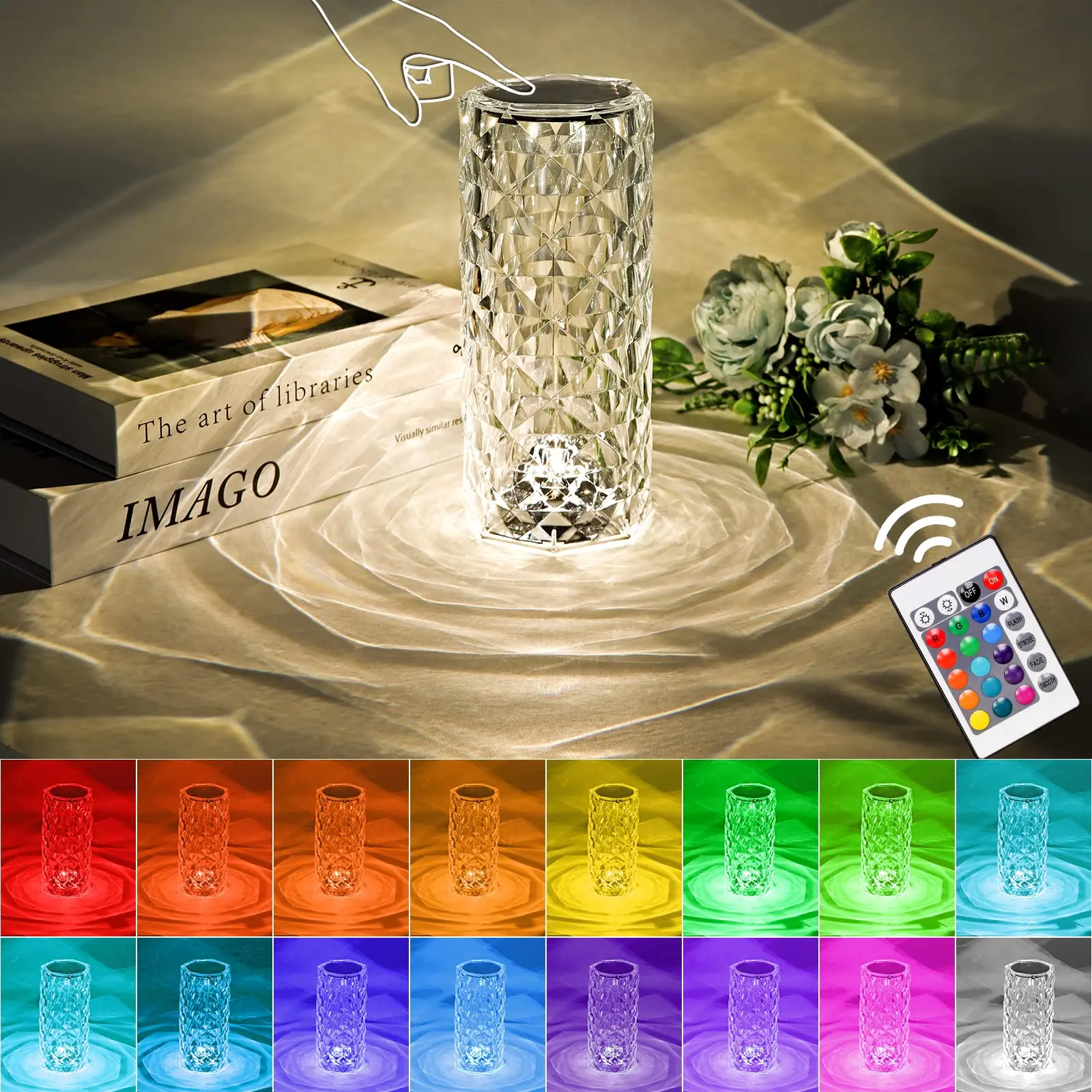 Imagem -06 - Touch Control Rose Table Lamp Led Night Light Rgb Diamond Touch Lamp For Bedroom Presente de Aniversário 16 Cores