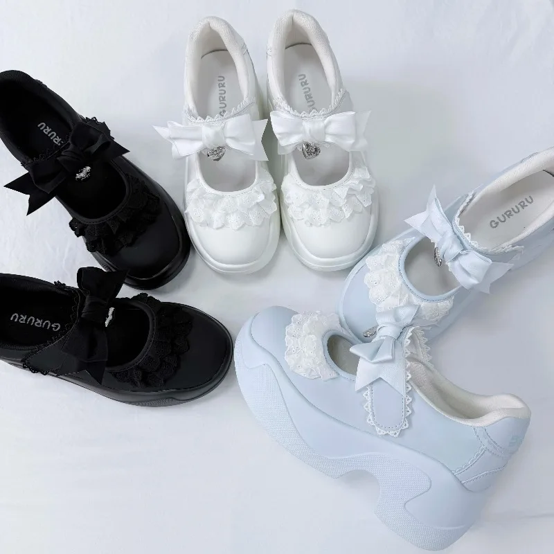 New Spring Summer Sweet Lolita Casual Single Shoes, Shallow‑Mouth Lace Bow Decor Flat Footwear for Young Women Daily Dress‑up