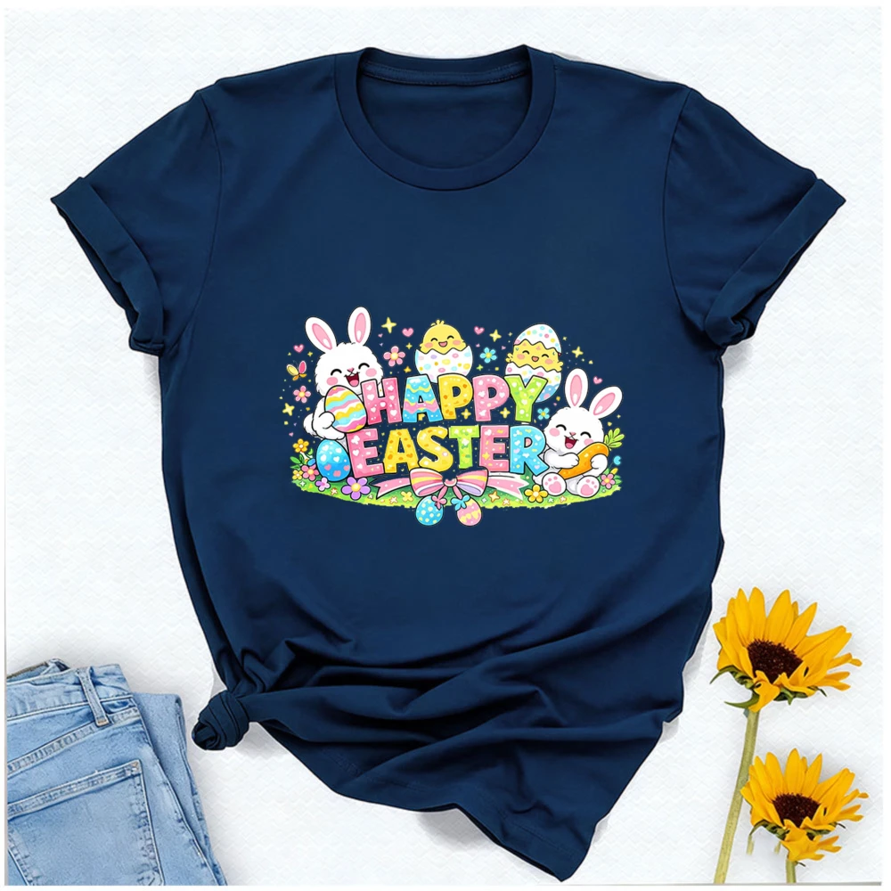 Pastel Happy Easter Lovely Cartoon T-Shirt Adorable Bunnies Chicks with Easter Eggs Graphic Breathable Cotton Casual Streetwear