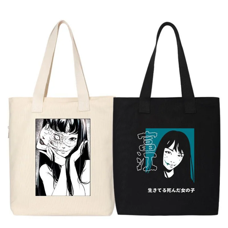 Japanese Anime Junji Ito Tomie Handbag Simple Casual Cosplay Black White Cartoon Printed Open Canvas Tote Bag Toys for Girl Gift