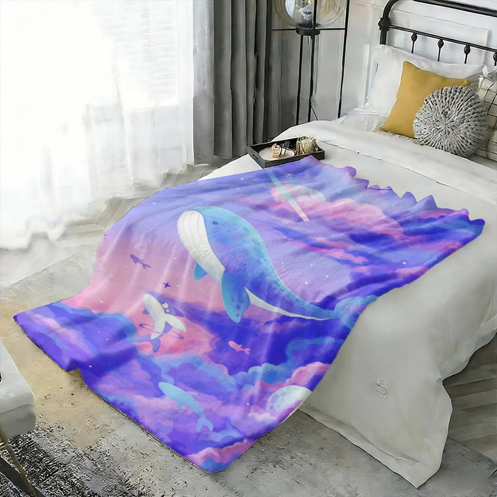 1Pc Blanket Flannel Dreamy Whale Print Quality Soft Warm Throw Printed Throw Couch Fluffy Home Decoration Excellent Gift Choice
