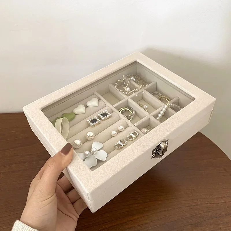 2Pcs Transparent Velvet Jewelry Storage Box with Lock Necklace Earrings Organizer Holder Display Box for Jewelry Classification