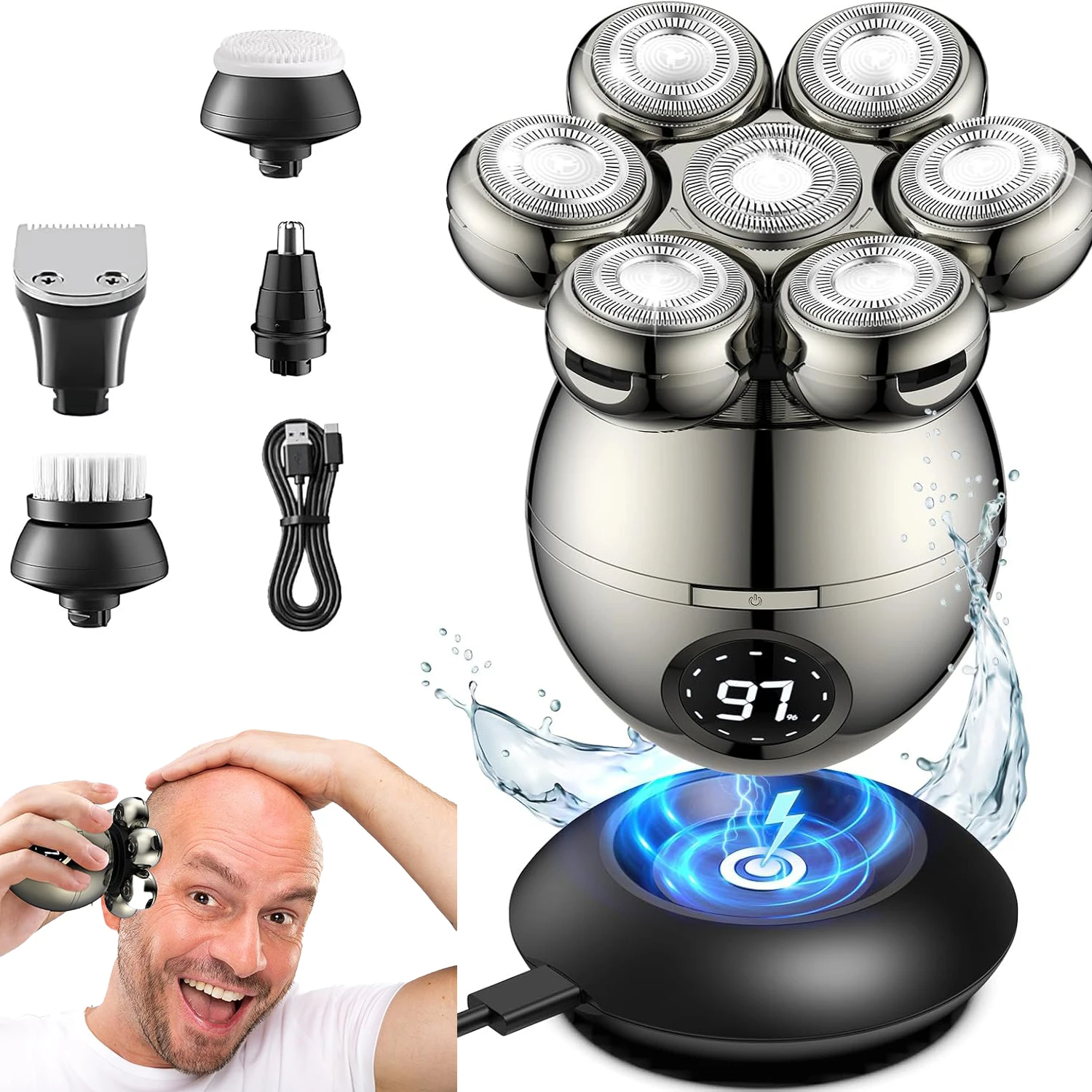 

Мужская электрическая бритва для лысины 5-в-1 с 7-вращающейся бритвенной головкой и триммером для бороды, набор для ухода за бородой IPX6, водонепроницаемая бритва для сухой и влажной бритвы