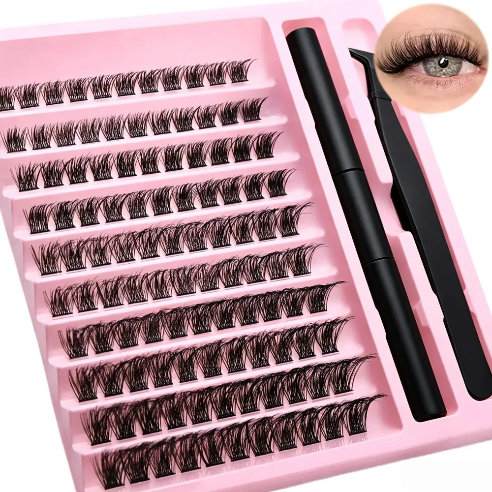 Home DIY Lash Extension Kit D Curl Fluffy Individual Lash Clusters False Eyelashes with Bond‑Seal Glue & Tweezers for Starter