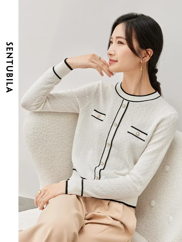 SENTUBILA Women Elegant Wool Knitted Pullovers 2025 Spring New Korean Straight Spliced Long Sleeve Knit Top Jumper W43E56740