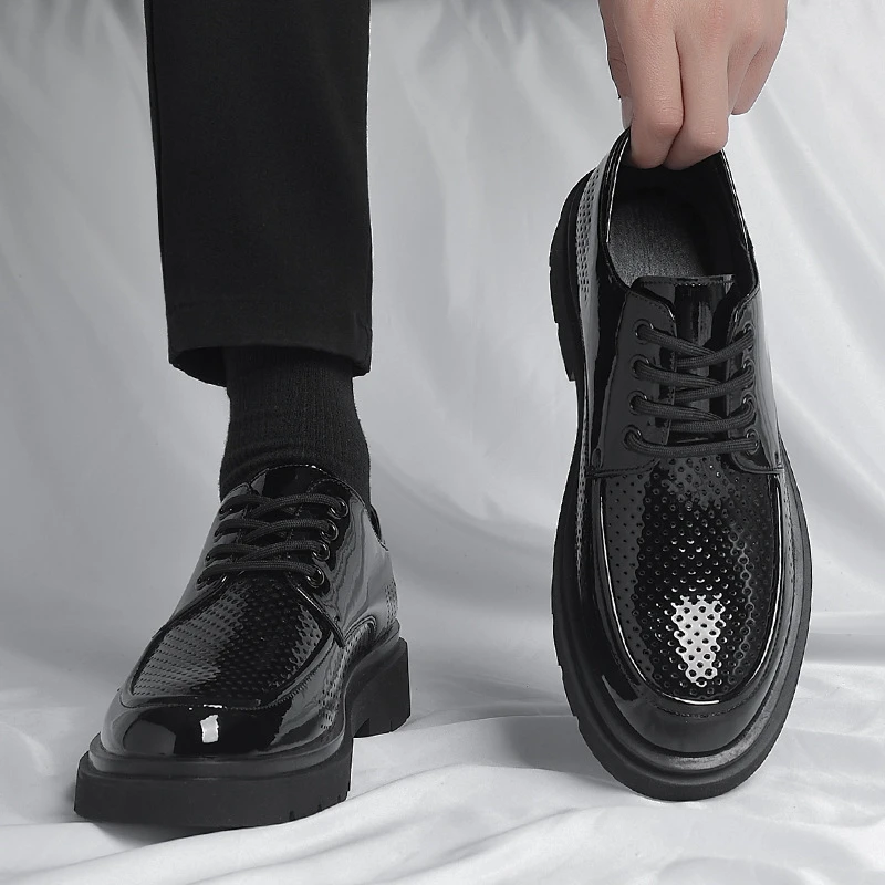 

Mens Black Patent Leather Perforated Lace Up Chunky Platform Oxford Shoes Breathable Casual Business Formal Summer Dress Shoes