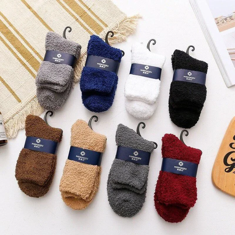 Men\'s Winter Coral Fleece Home Floor Socks Sleeping Tube Socks Solid Color Men\'s Socks