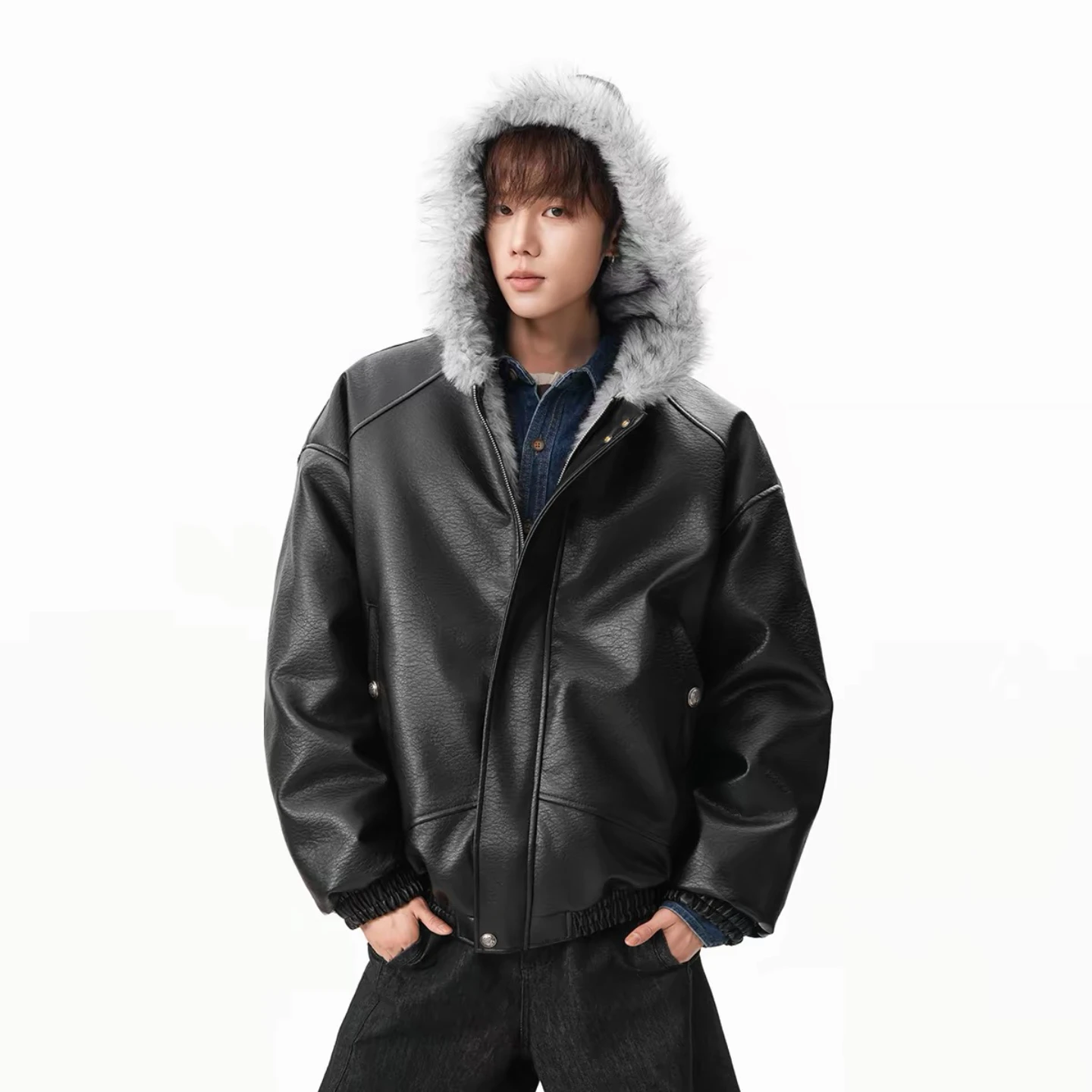 

American Style Heavyweight PU Leather Hooded Jacket Men's Women's Winter Fleece Lined Fashionable Coat Loose Couple Outerwear