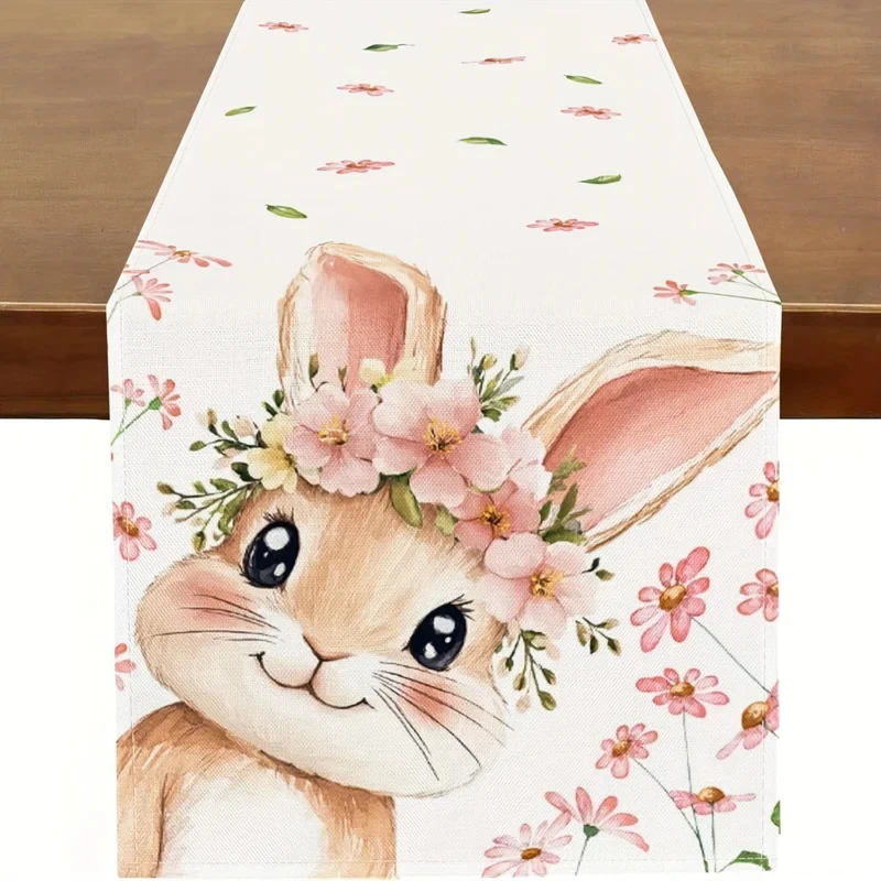 VIKAMA Watercolor Cute Bunny Pink Daisy Table Runner, Linen Texture Washable Table Scarf Easter Spring Dining Table Decor